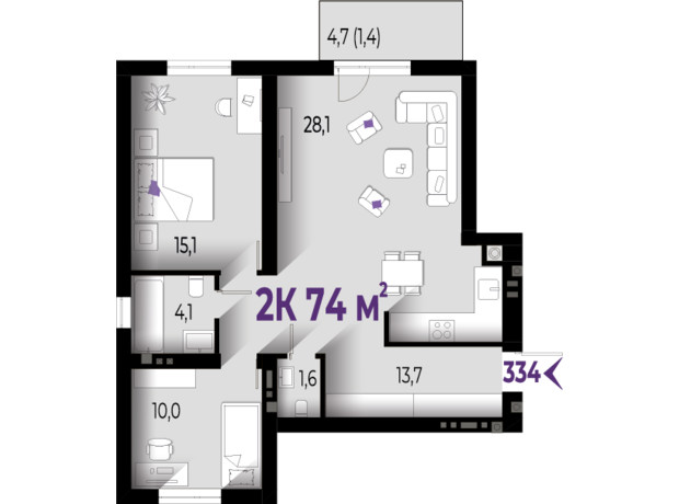 ЖК Wawel: планировка 2-комнатной квартиры 74 м²