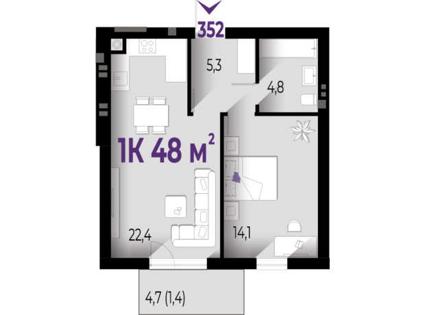 ЖК Wawel: планировка 1-комнатной квартиры 48 м²