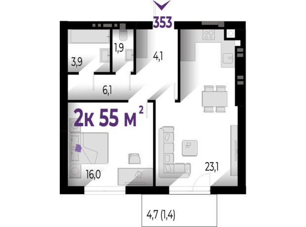 ЖК Wawel: планировка 2-комнатной квартиры 55 м²