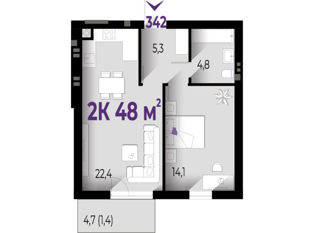 ЖК Wawel: планування 1-кімнатної квартири 48 м²