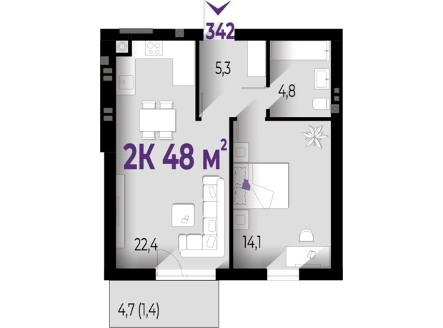 ЖК Wawel: планировка 1-комнатной квартиры 48 м²