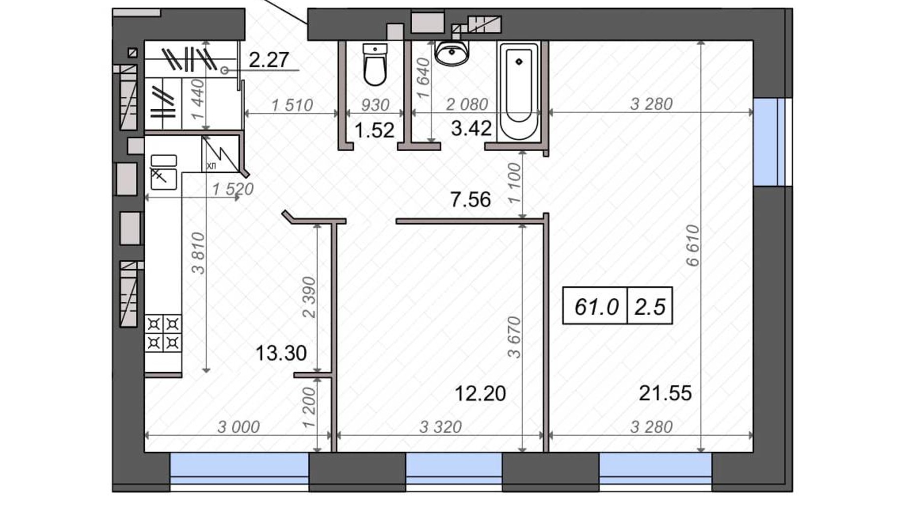 Планировка 2-комнатной квартиры в ЖК Новые Метры PARK 62.2 м², фото 564705