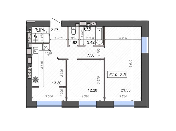 ЖК Новые Метры PARK: планировка 2-комнатной квартиры 62.2 м²