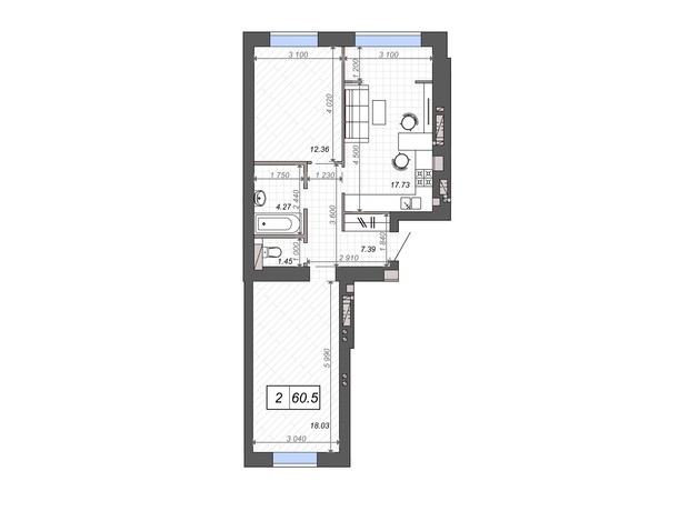 ЖК Новые Метры PARK: планировка 2-комнатной квартиры 62.5 м²