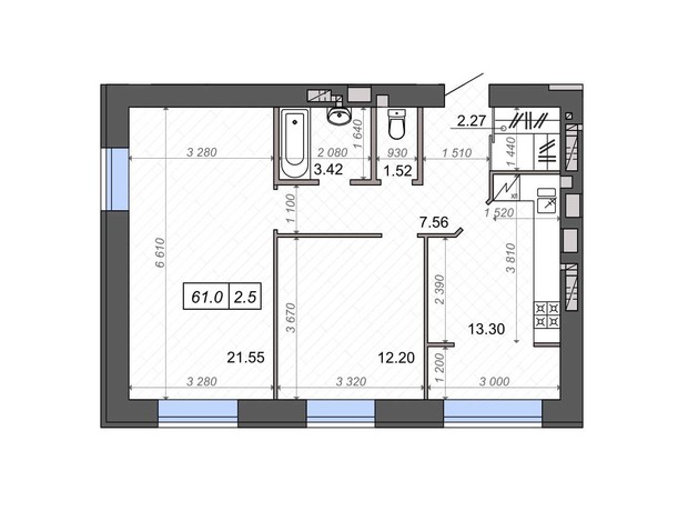 ЖК Нові Метри PARK: планування 2-кімнатної квартири 62.7 м²