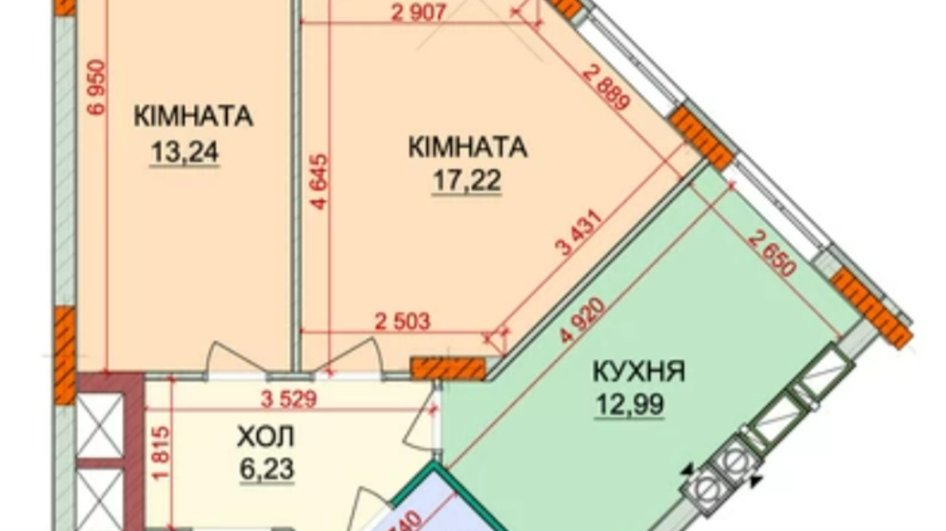 Планировка 1-комнатной квартиры в ЖК Лесная сказка-2 61.4 м², фото 564725