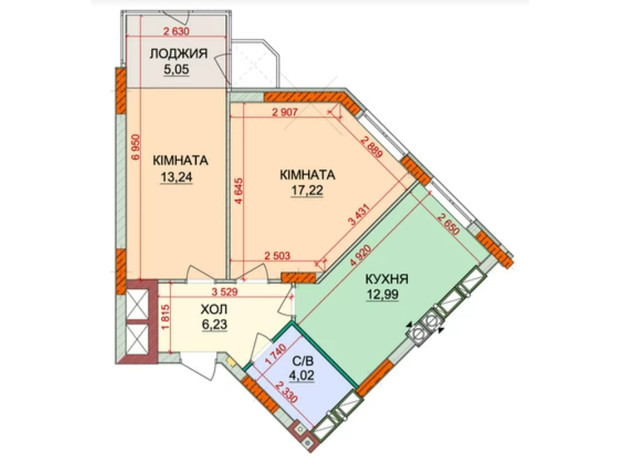 ЖК Лесная сказка-2: планировка 1-комнатной квартиры 61.4 м²