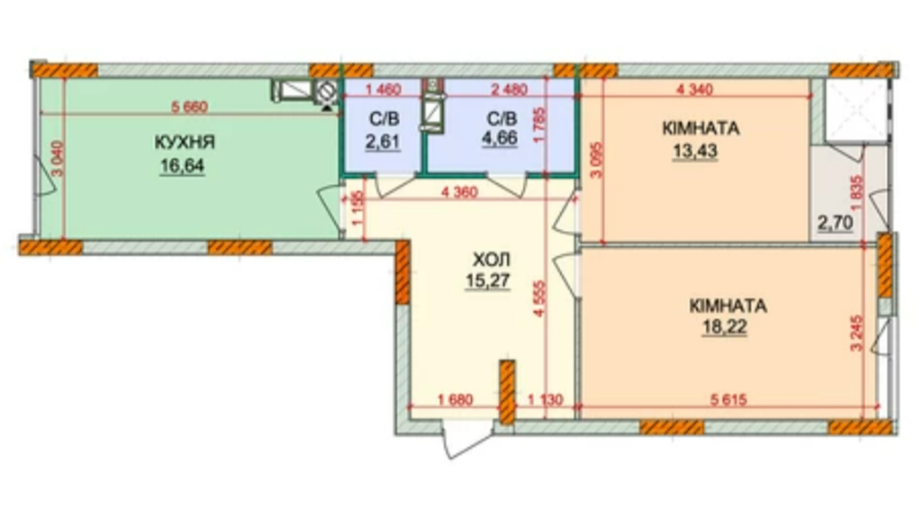 Планировка 2-комнатной квартиры в ЖК Лесная сказка-2 78 м², фото 564726