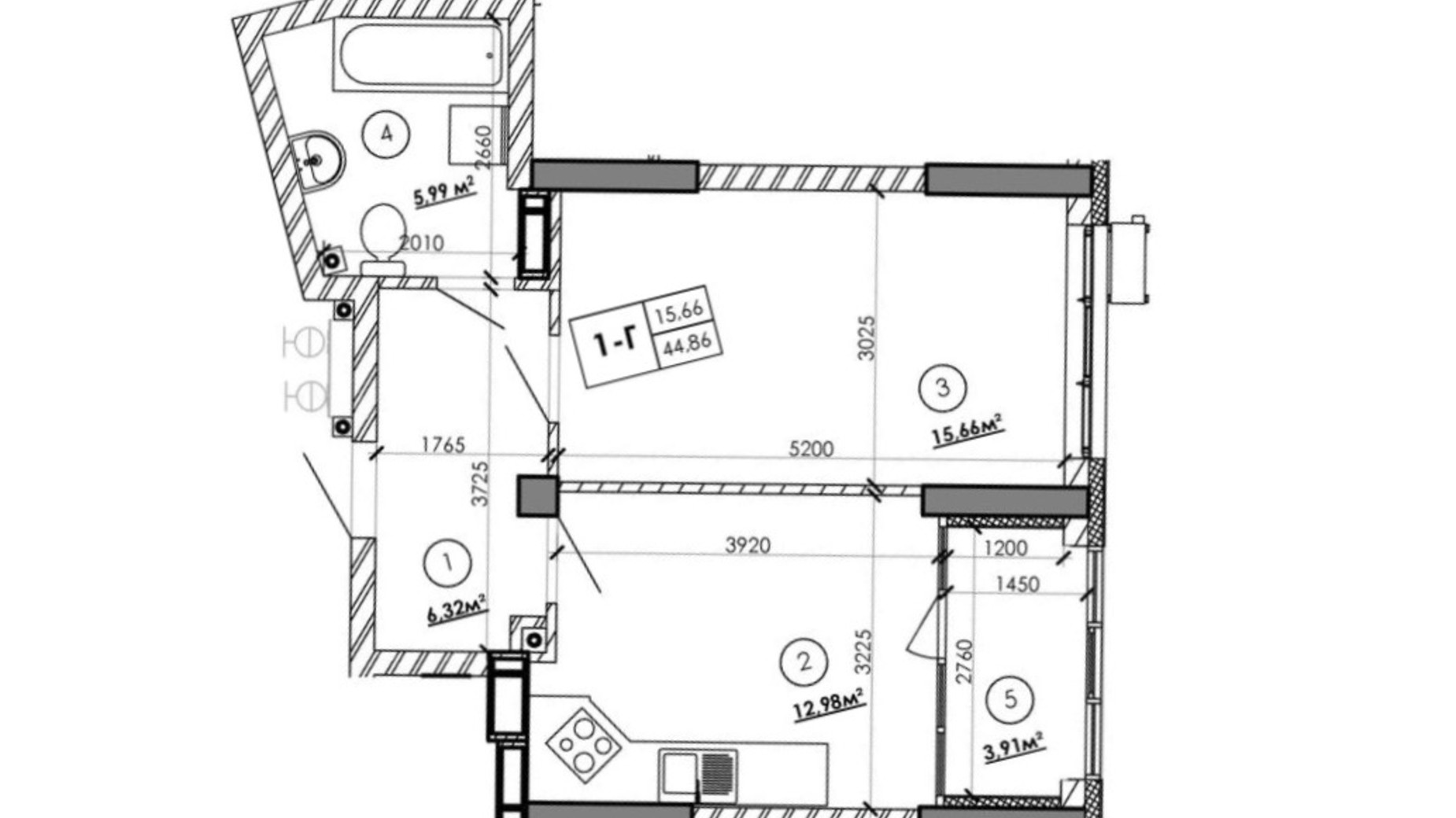 Планування 1-кімнатної квартири в ЖК Star City 45.65 м², фото 564855