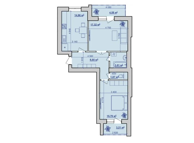 ЖК ул. Горбачевского, 40б: планировка 2-комнатной квартиры 68 м²