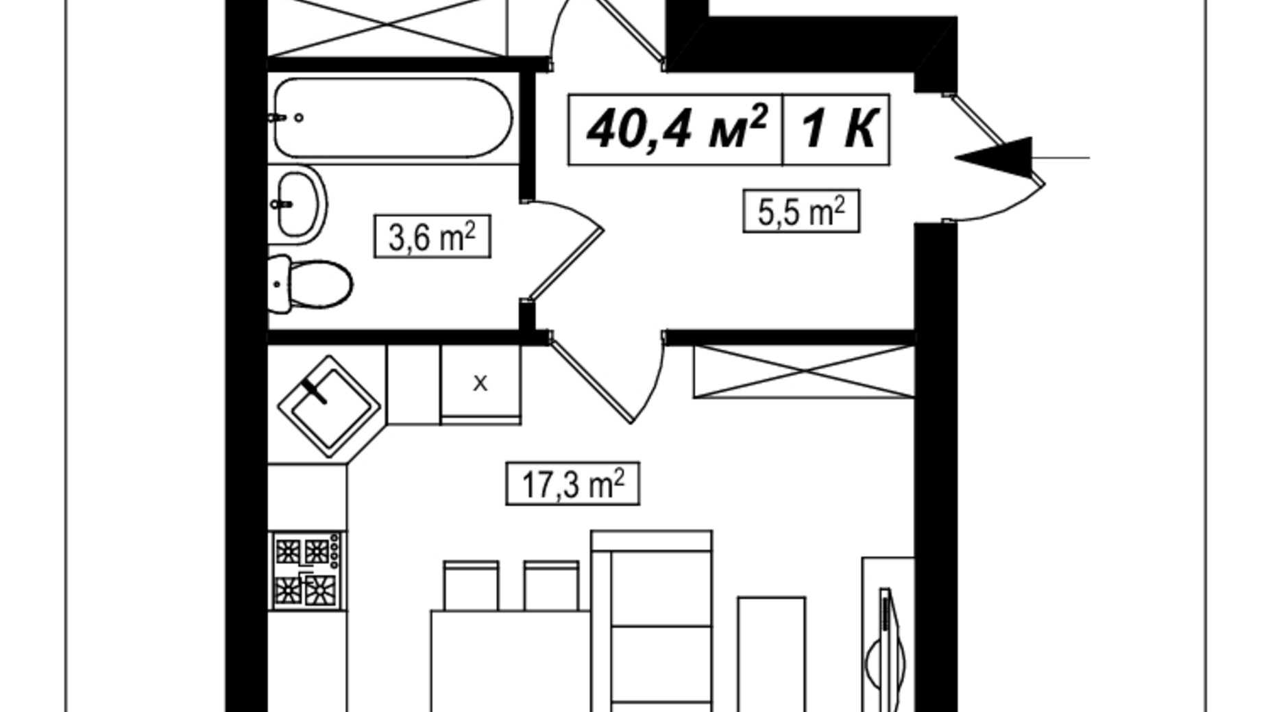 Планировка 1-комнатной квартиры в ЖК Амстердам 40.4 м², фото 565285