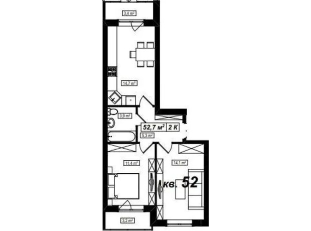 ЖК Амстердам: планировка 2-комнатной квартиры 52.7 м²