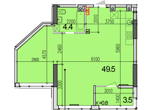 ЖК Затишний-2: планировка 1-комнатной квартиры 57.4 м²