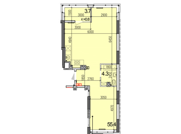 ЖК Затишний-2: планировка 2-комнатной квартиры 63.4 м²