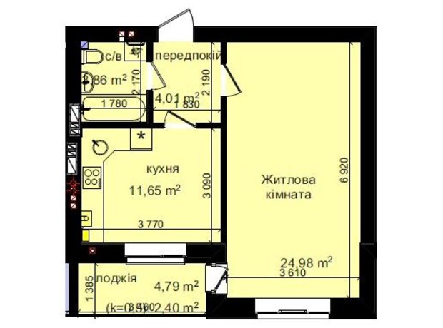 ЖК Кришталеві джерела: планировка 1-комнатной квартиры 46.9 м²