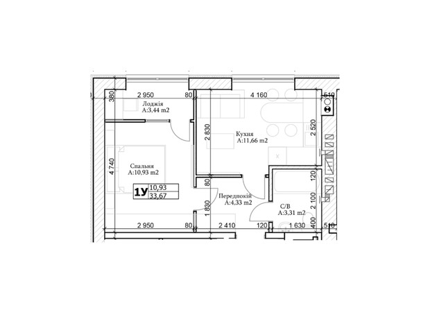 ЖК GL Club: планировка 1-комнатной квартиры 33 м²