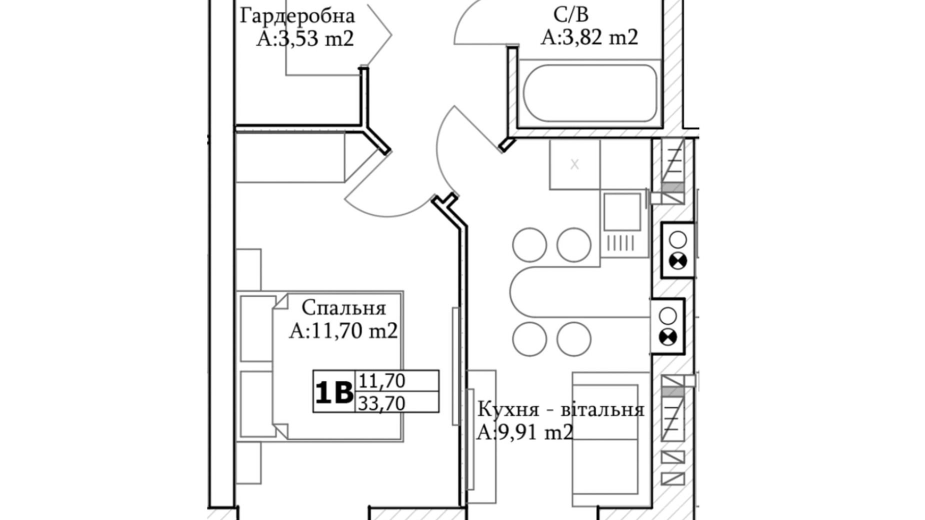 Планування 1-кімнатної квартири в ЖК GL Club 33 м², фото 565311