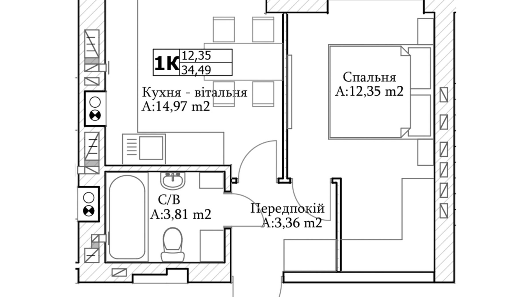 Планировка 1-комнатной квартиры в ЖК GL Club 34 м², фото 565312