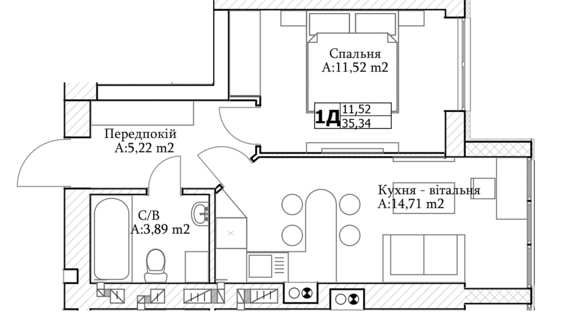 Планировка 1-комнатной квартиры в ЖК GL Club 35 м², фото 565313