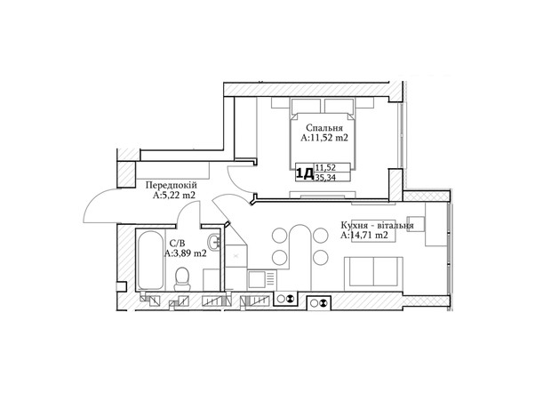 ЖК GL Club: планировка 1-комнатной квартиры 35 м²