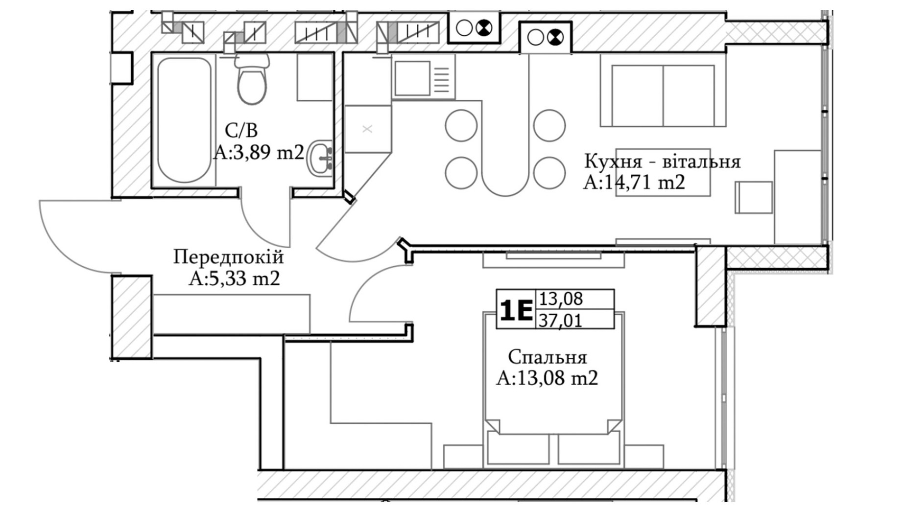 Планування 1-кімнатної квартири в ЖК GL Club 37 м², фото 565314