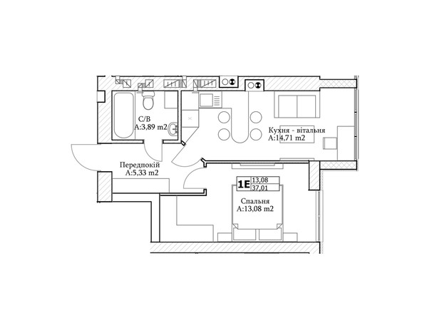 ЖК GL Club: планировка 1-комнатной квартиры 37 м²