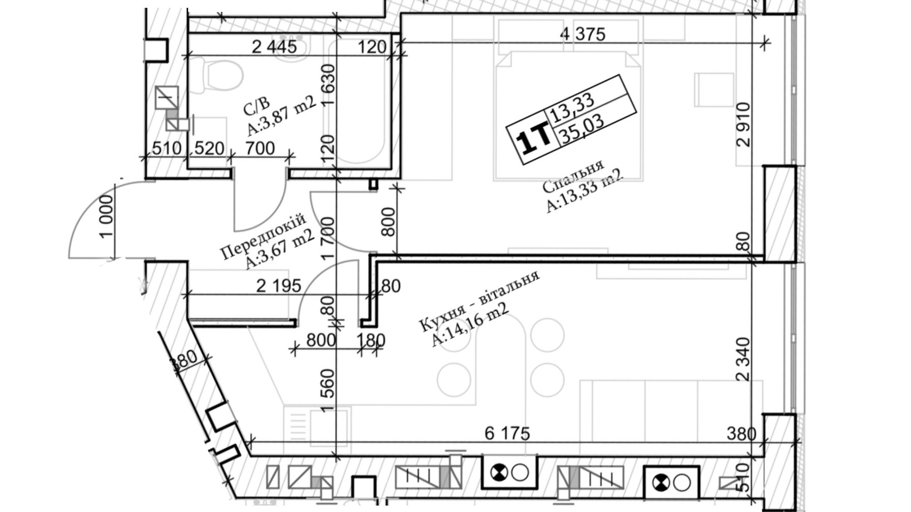 Планировка 1-комнатной квартиры в ЖК GL Club 35 м², фото 565322