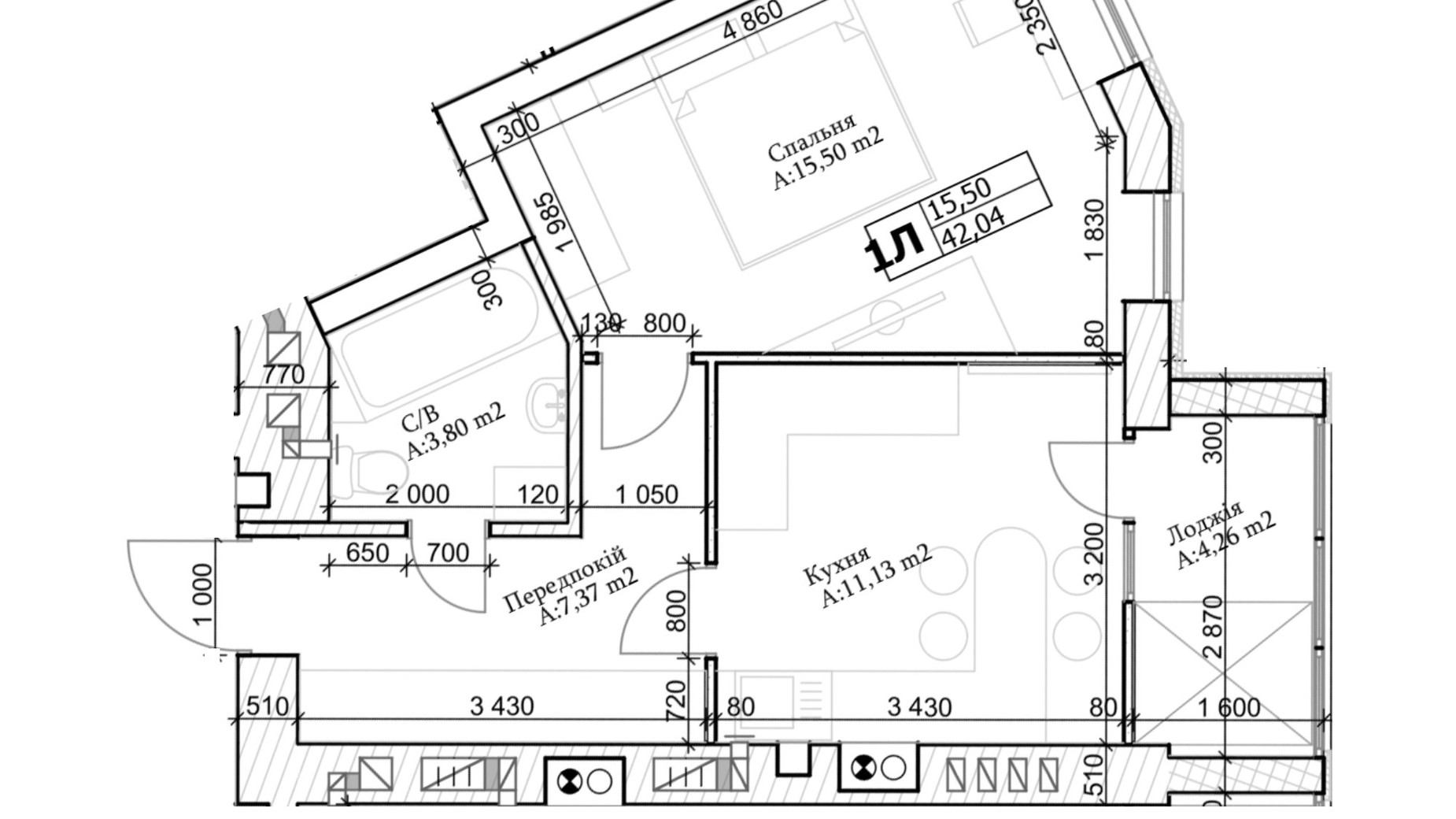 Планування 1-кімнатної квартири в ЖК GL Club 42 м², фото 565326