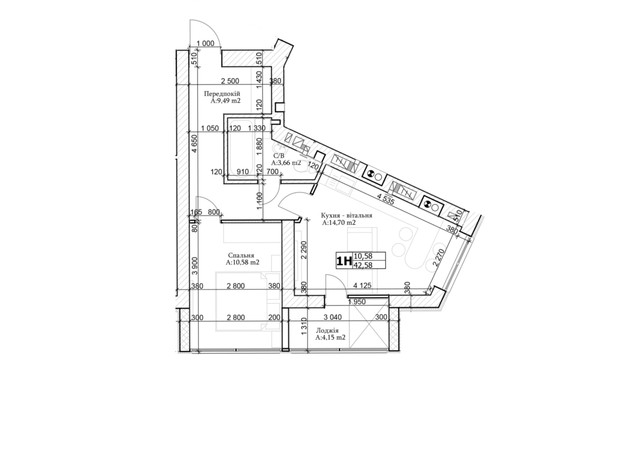 ЖК GL Club: планування 1-кімнатної квартири 42 м²