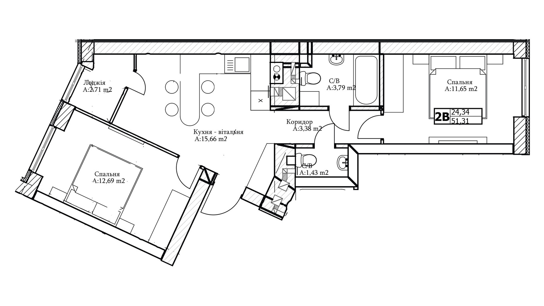 Планировка 2-комнатной квартиры в ЖК GL Club 51 м², фото 565328