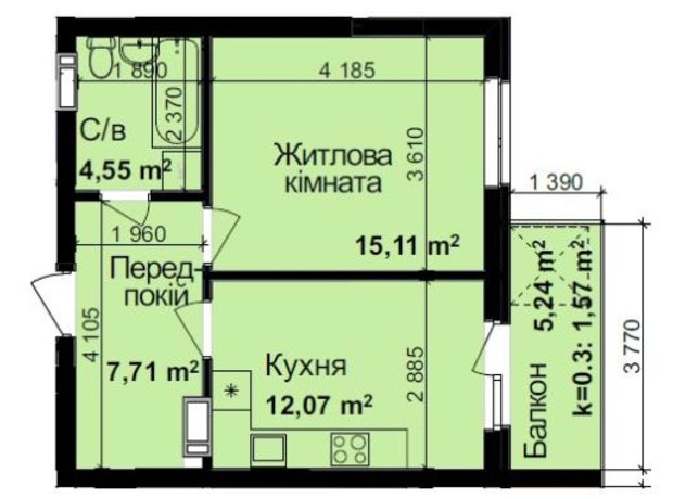 ЖК Кришталеві джерела: планировка 1-комнатной квартиры 41.01 м²