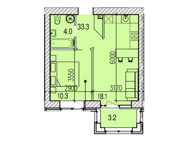 ЖК Promenade: планування 1-кімнатної квартири 41.1 м²