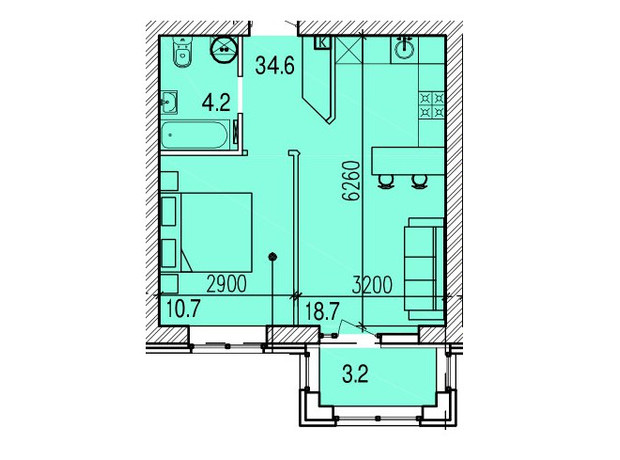 ЖК Promenade: планування 1-кімнатної квартири 41.3 м²