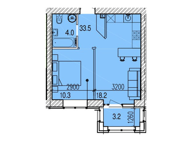 ЖК Promenade: планування 1-кімнатної квартири 41.3 м²