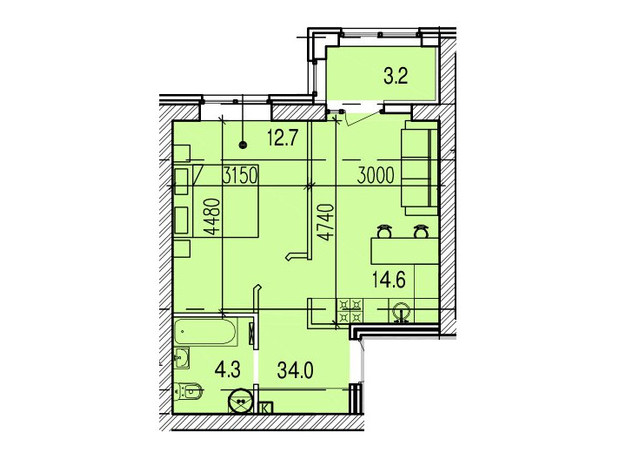 ЖК Promenade: планування 1-кімнатної квартири 40.9 м²
