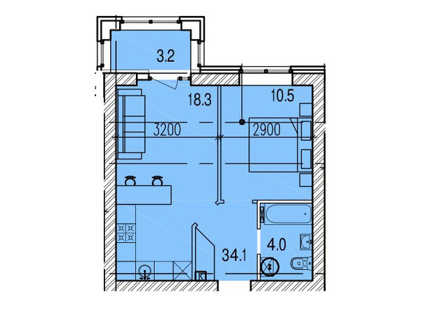 ЖК Promenade: планування 1-кімнатної квартири 40.7 м²