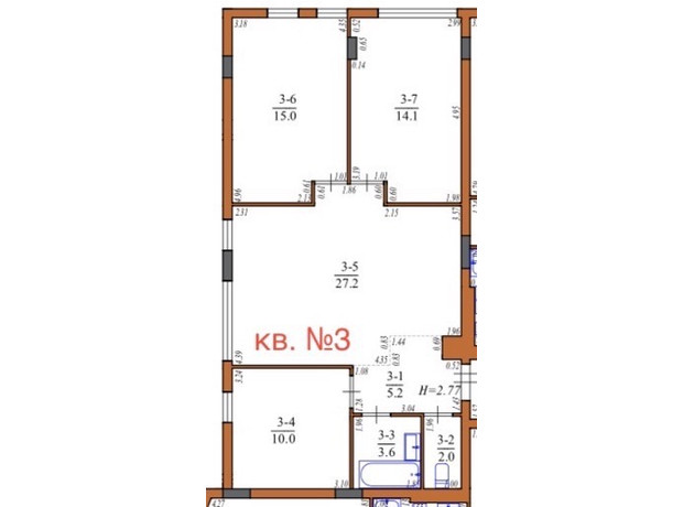 ЖК Инжир: планировка 3-комнатной квартиры 77.1 м²