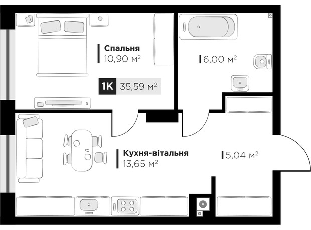ЖК SILENT PARK: планування 1-кімнатної квартири 35.59 м²