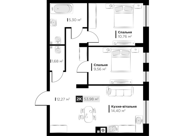 ЖК SILENT PARK: планування 2-кімнатної квартири 53.98 м²