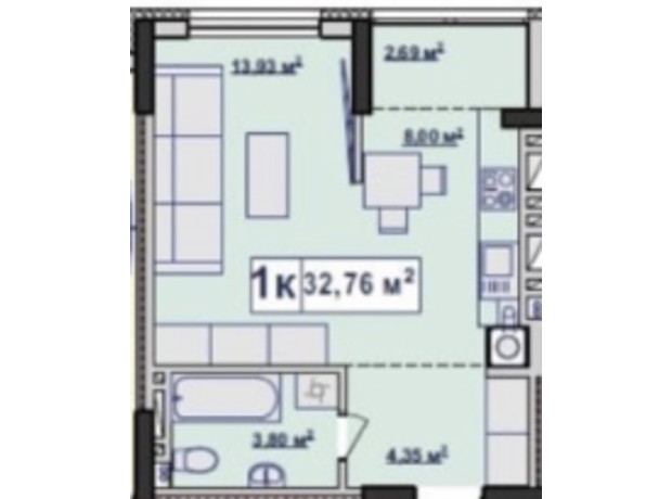 ЖК River Stone: планировка 1-комнатной квартиры 32.76 м²
