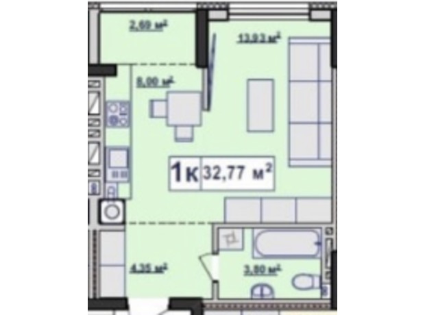 ЖК River Stone: планировка 1-комнатной квартиры 32.77 м²