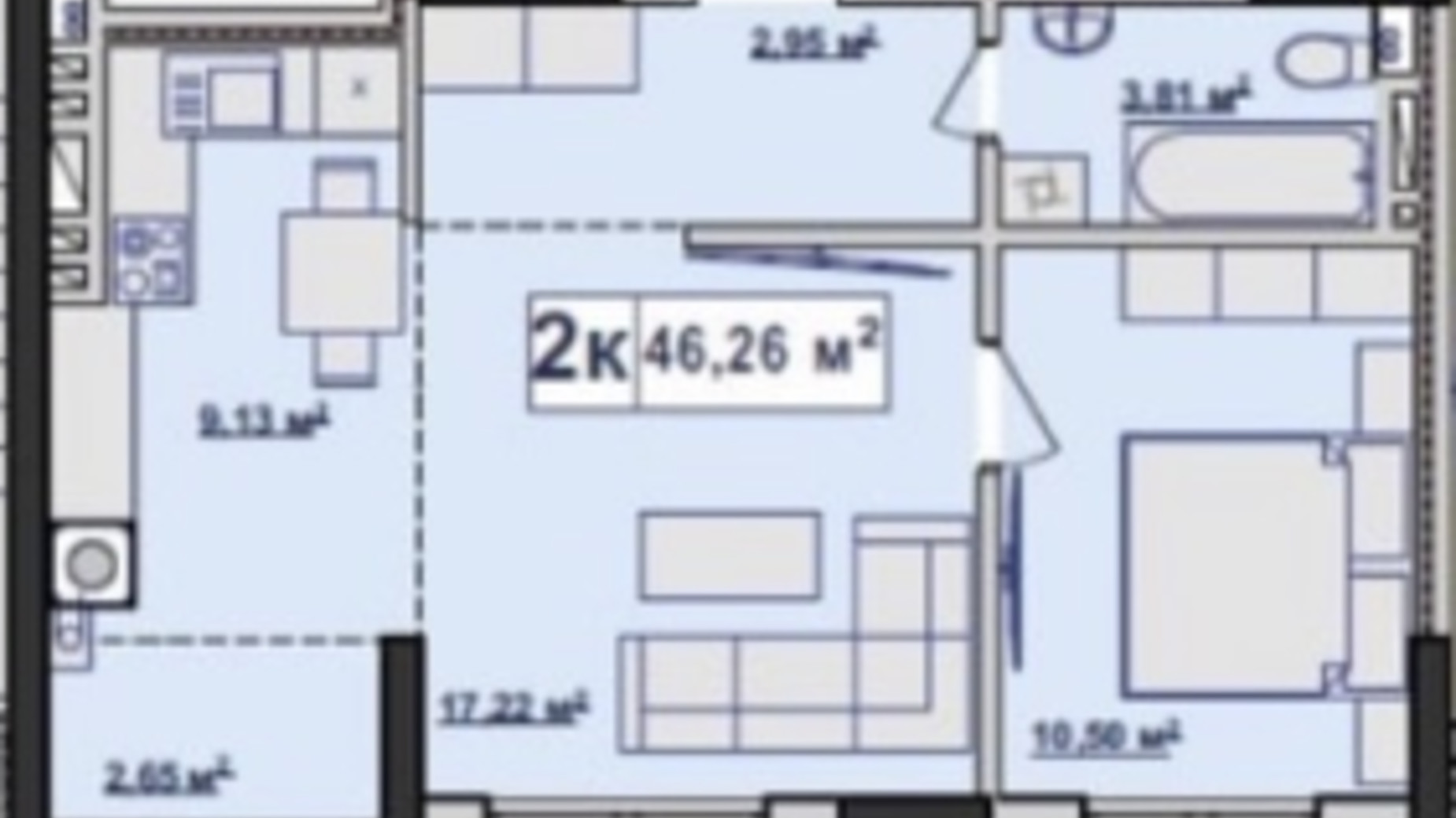 Планировка 2-комнатной квартиры в ЖК River Stone 46.26 м², фото 565491