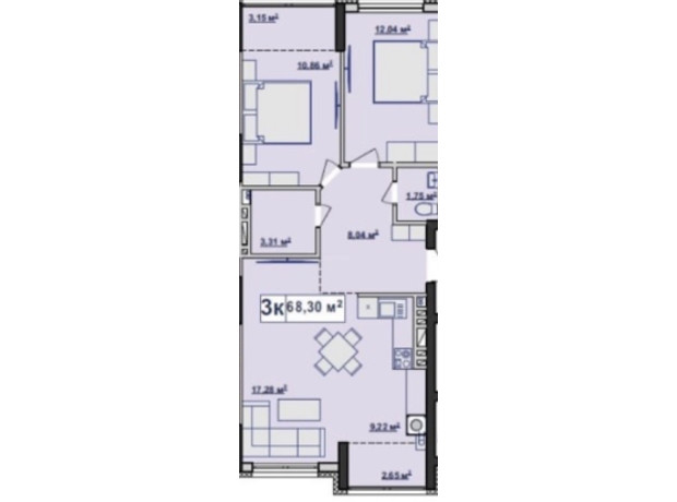ЖК River Stone: планировка 3-комнатной квартиры 68.3 м²
