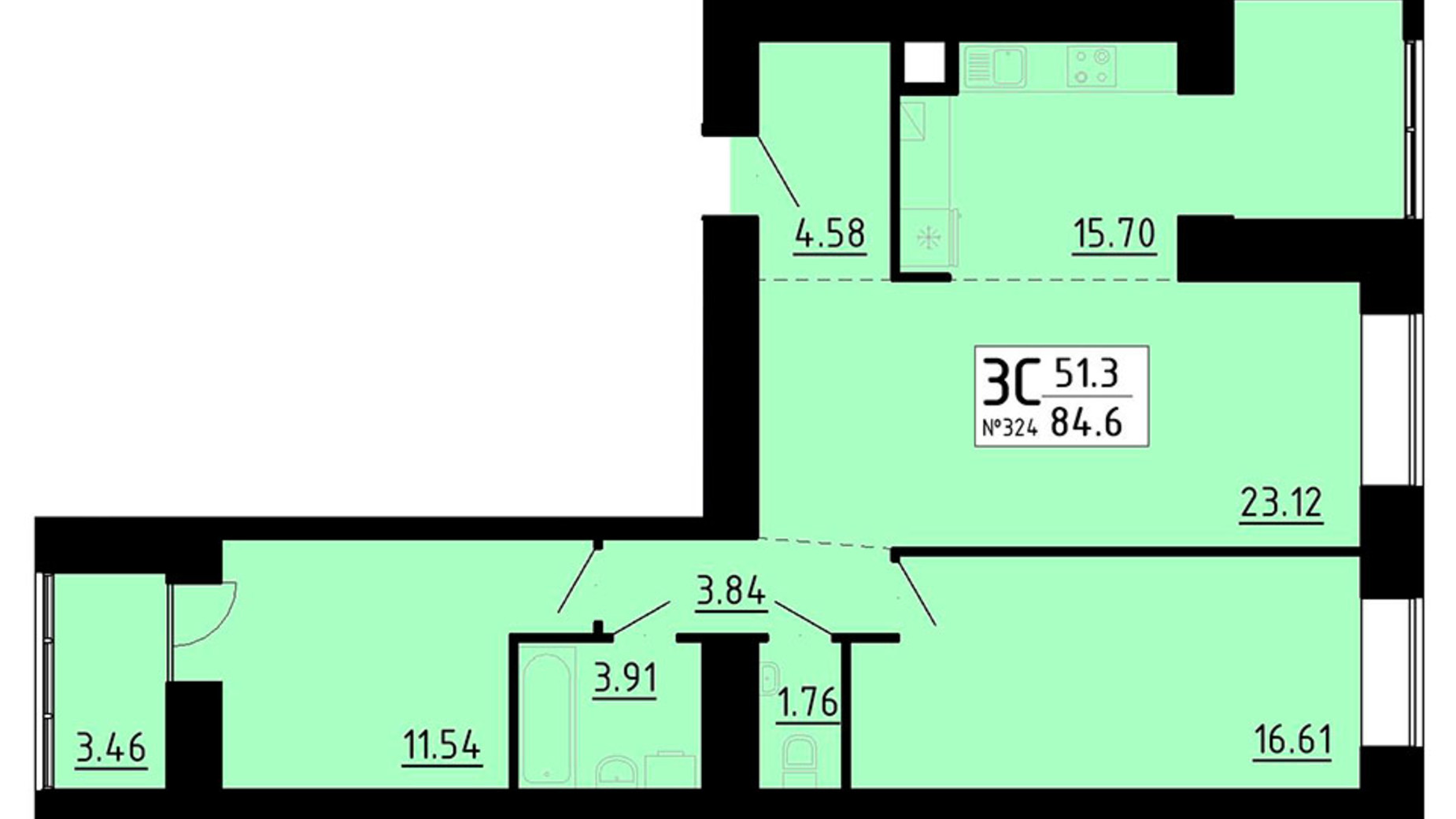 Планировка 3-комнатной квартиры в ЖК Кольоровий 84.6 м², фото 565582