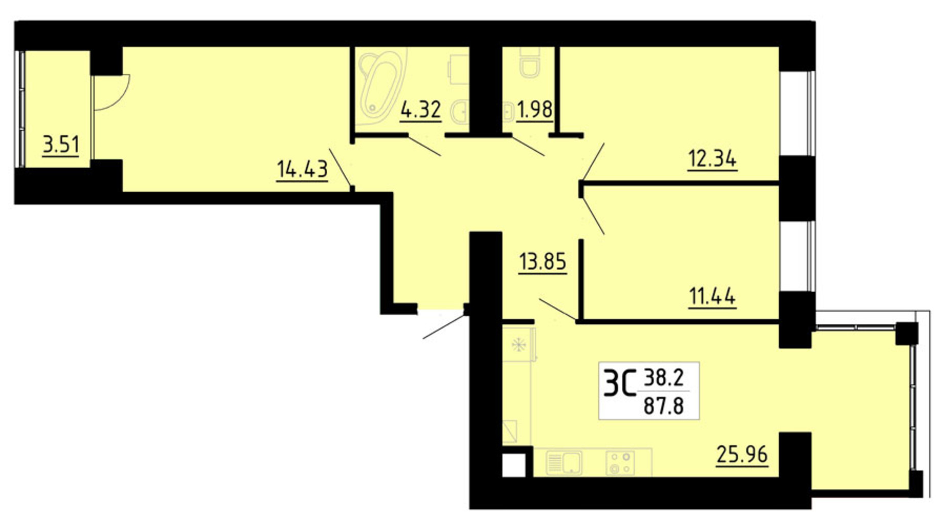 Планировка 3-комнатной квартиры в ЖК Кольоровий 87.8 м², фото 565583