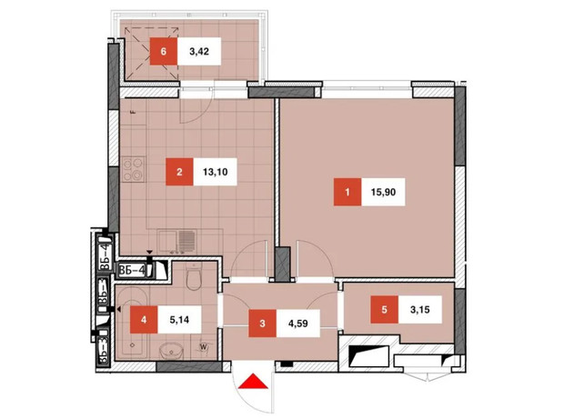 ЖК Теремки: планування 1-кімнатної квартири 45.18 м²