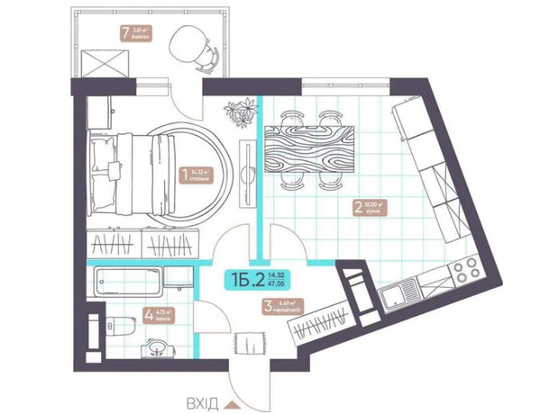 ЖК Теремки: планировка 1-комнатной квартиры 47.05 м²