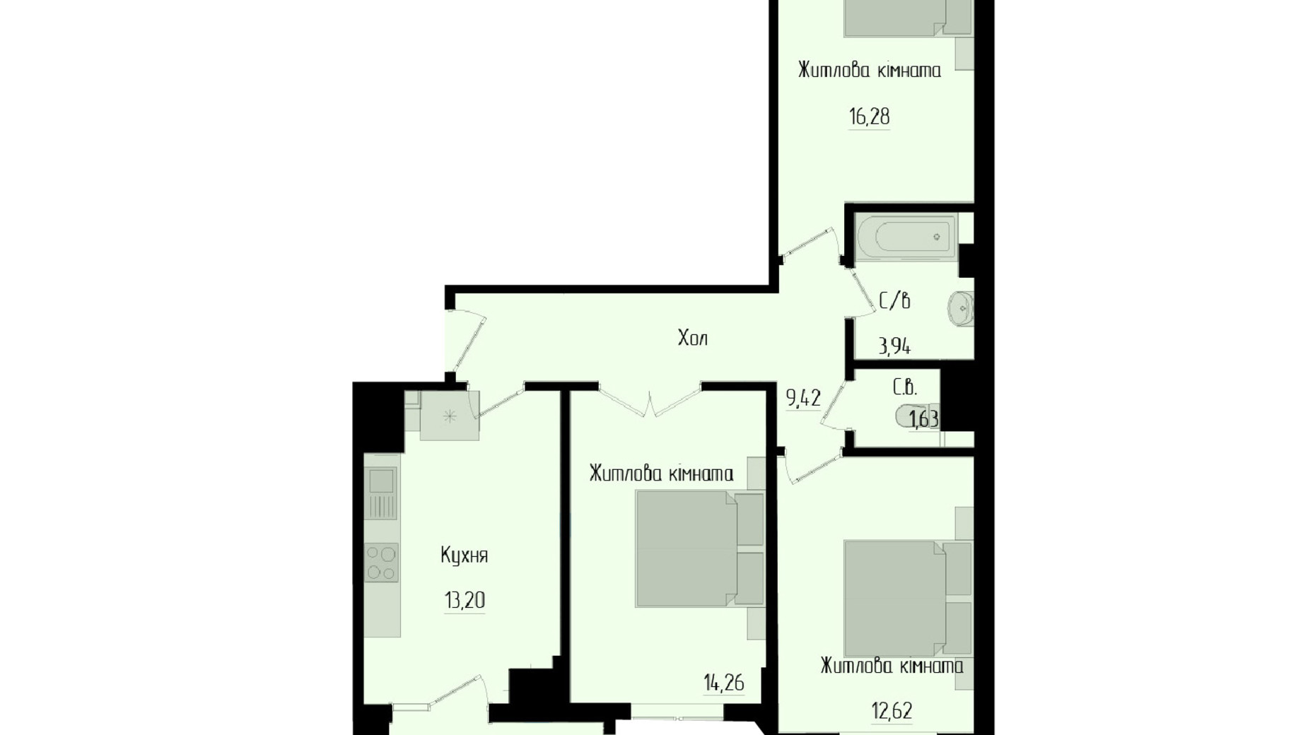 Планування 3-кімнатної квартири в ЖК Науковий 79.94 м², фото 565776