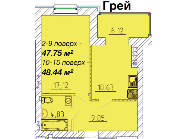 ЖК Графський: планування 1-кімнатної квартири 47.75 м²
