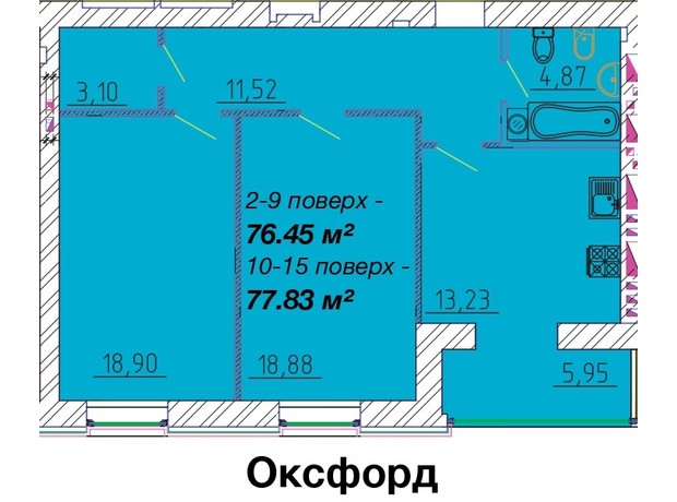 ЖК Графський: планування 2-кімнатної квартири 77.83 м²